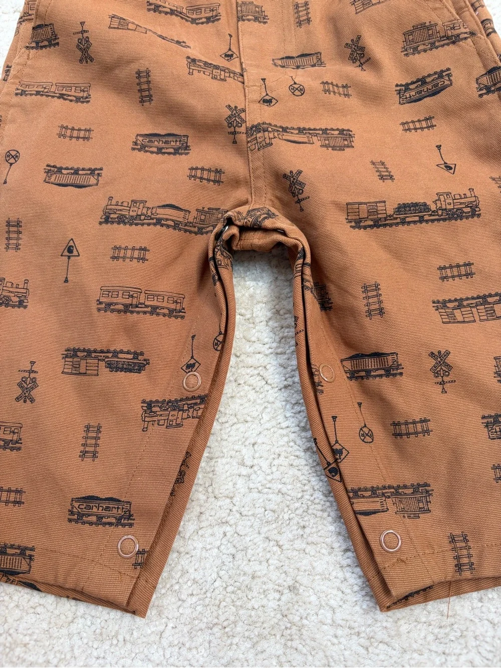 Carhartt Size 12 Months Brown Train Railroad Crossing Canvas Bib Overalls